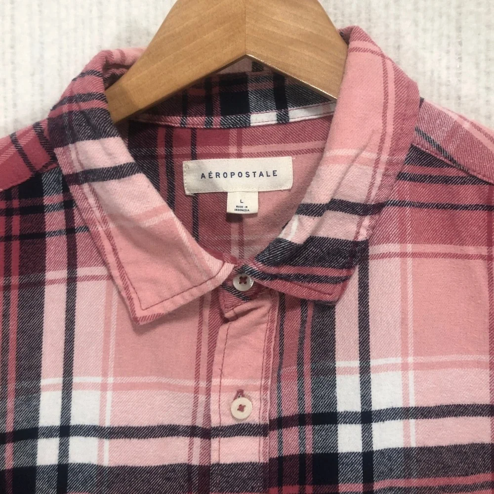 Aeropostale Mens Pink Navy Blue Plaid Flannel Button Down Shirt Large‎ RN 154379